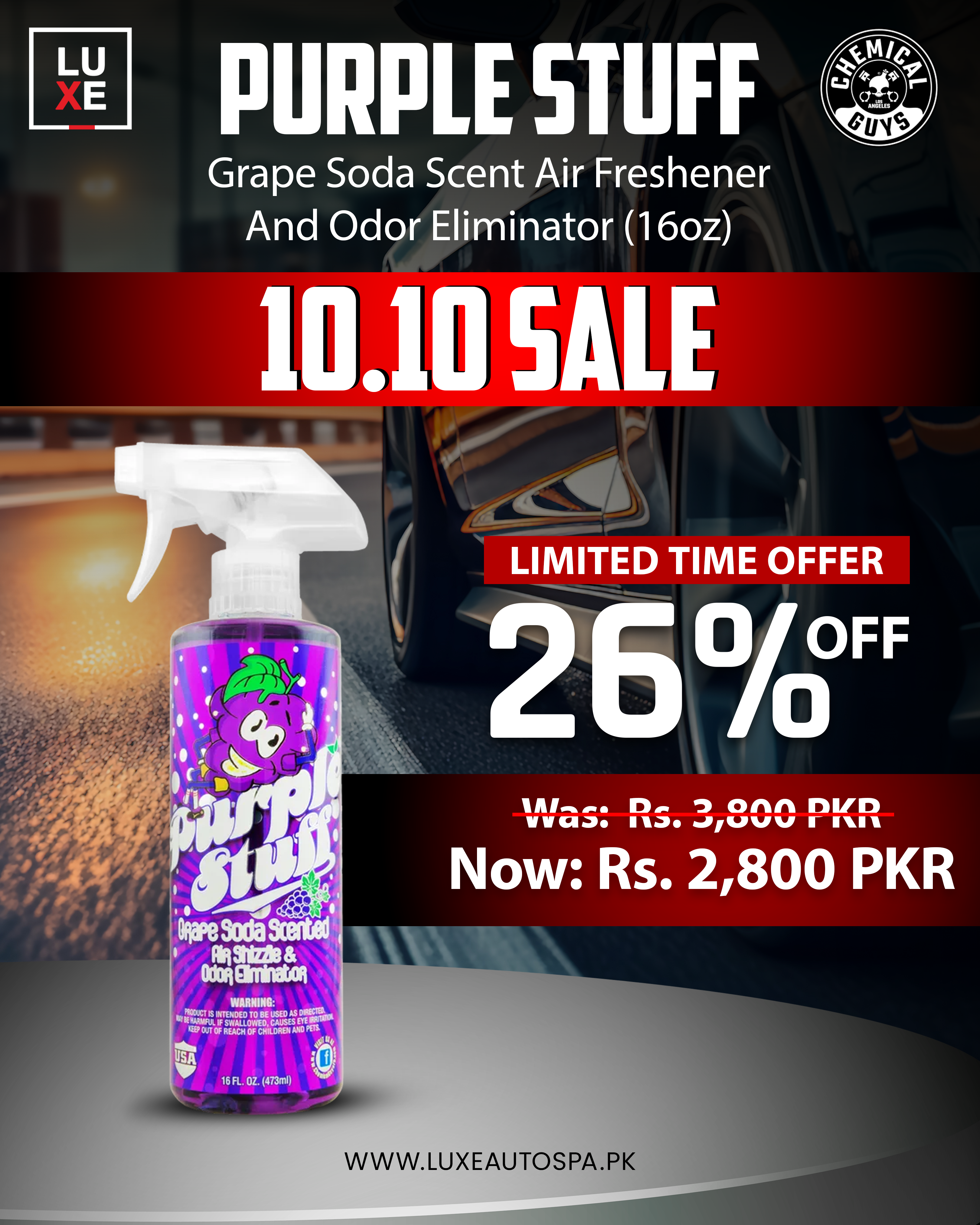 Chemical Guys Purple Stuff Grape Soda Scent Air Freshener And Odor Eliminator (16oz)