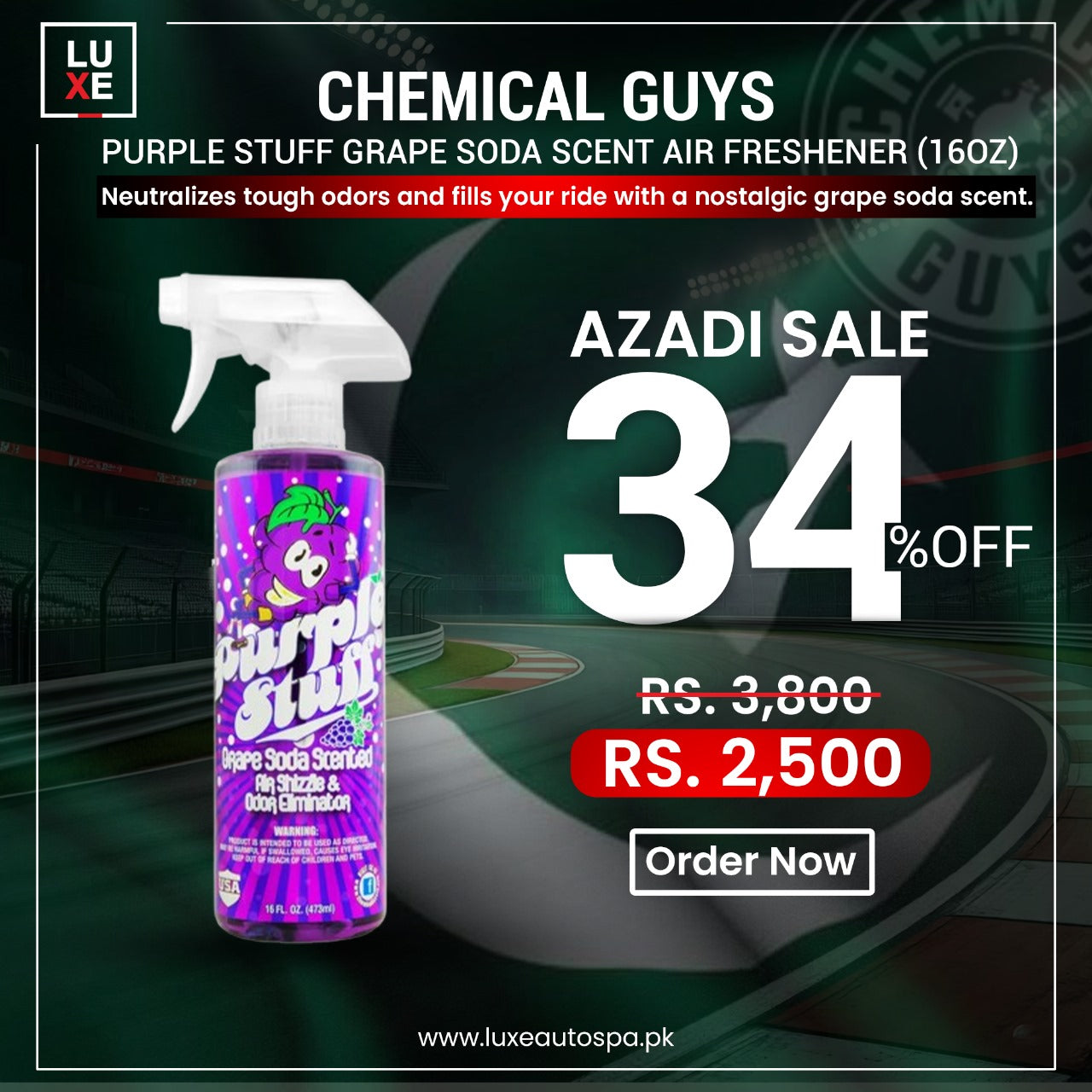 Chemical Guys Purple Stuff Grape Soda Scent Air Freshener And Odor Eliminator (16oz)