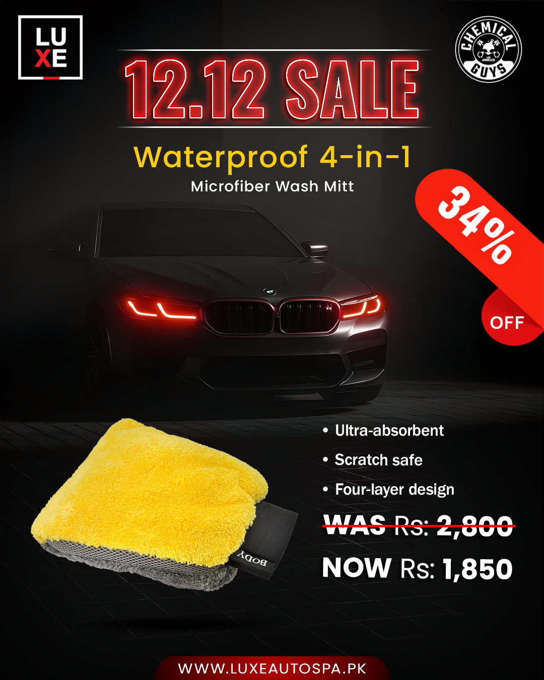 Chemical Guys Waterproof 4 In 1 Microfiber Premium Wash Mitt