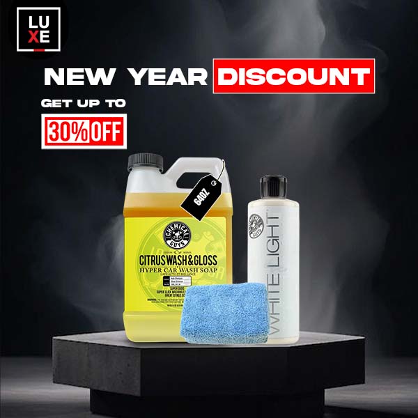 Chemical Guys Citrus Wash Shampoo and White Light Sealant with Blue Applicator and Gray Towel.