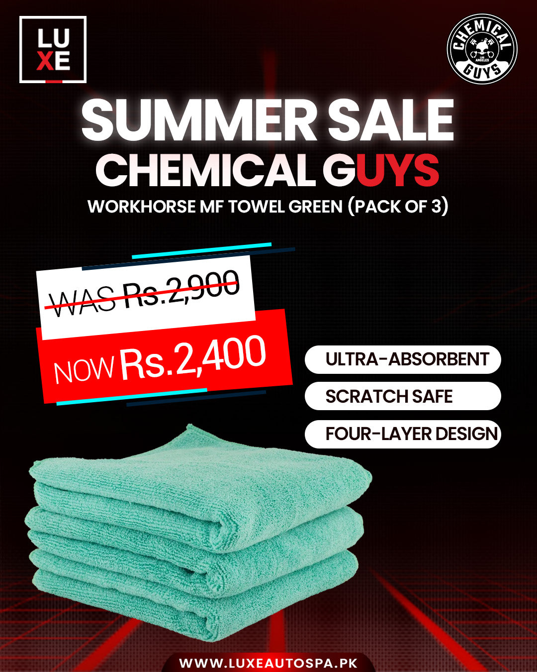 Chemical Guys Workhorse Professional Grade M.F Towel Green (16” x 16″ – Pack of 3)