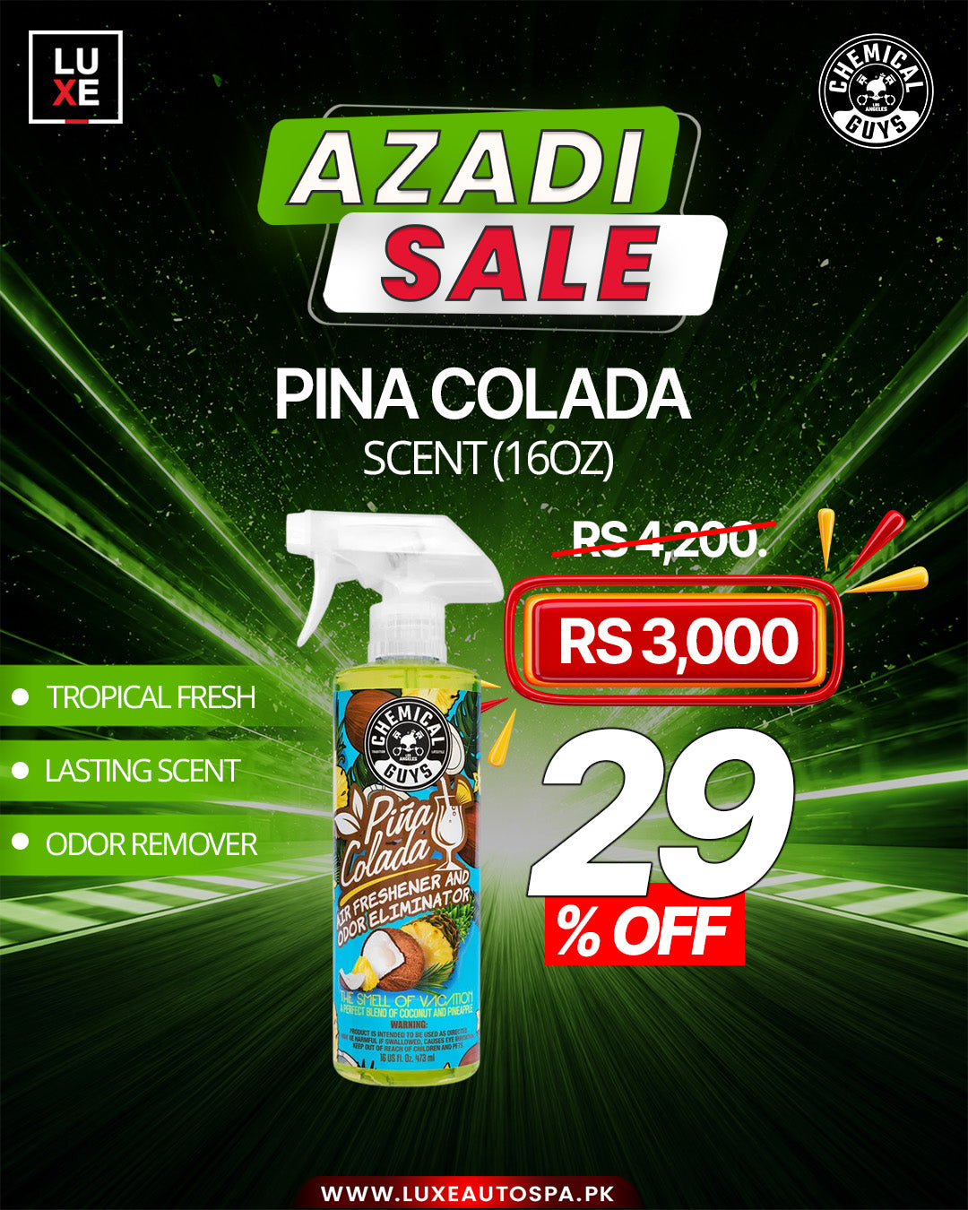 Chemical Guys Pina Colada Scent Air Freshener And Odor Eliminator (16oz)