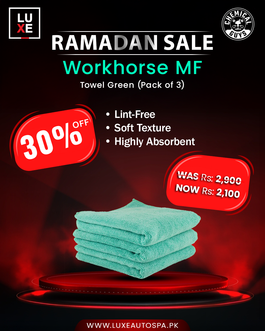 Chemical Guys Workhorse Professional Grade M.F Towel Green (16” x 16″ – Pack of 3)