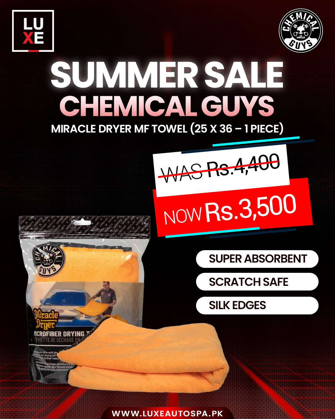 Chemical Guys Miracle Dryer Absorber Premium M.F Towel With Silk Edges (25″ x 36″ – 1 Piece)