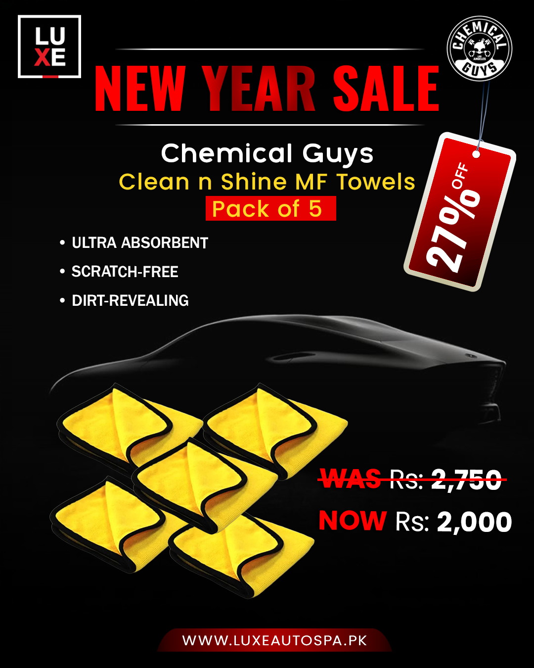 Clean & Shine MF Towel Yellow (40 x 40 cm) 380 GSM Black Border (16×16 inch) (Pack of 5)