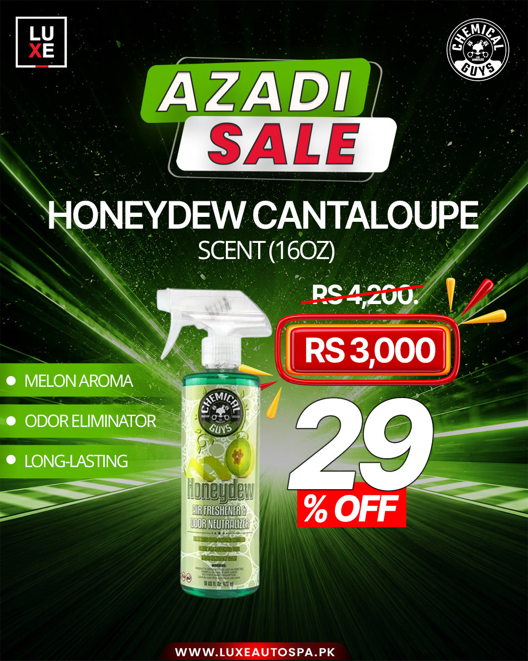 Chemical Guys Honeydew Premium Air Freshener & Odor Eliminator (16 oz)