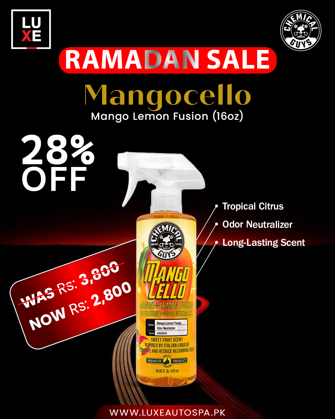 Chemical Guys Mangocello Mango Lemon Fusion Air Freshener & Odor Neutralizer (16 oz)