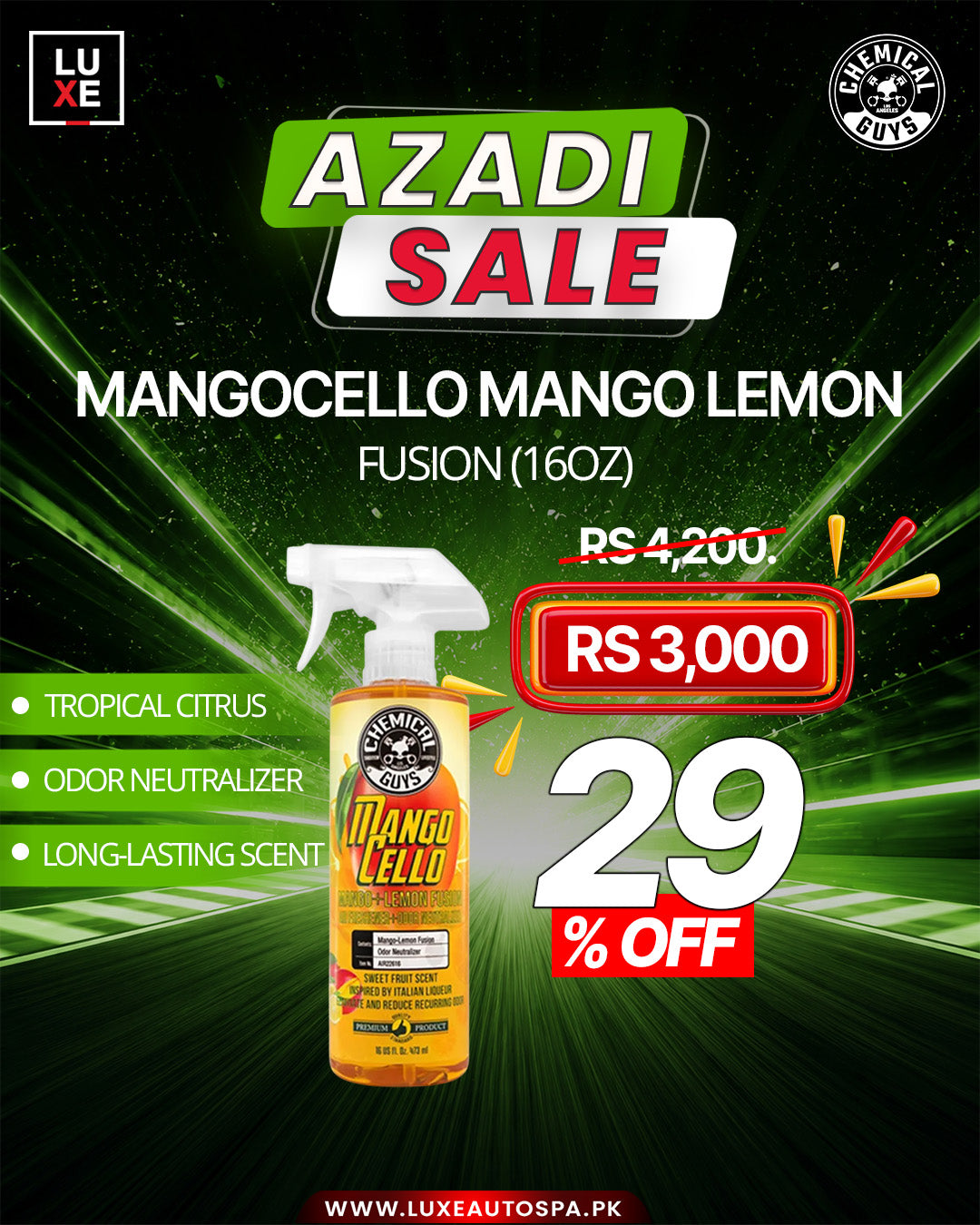 Chemical Guys Mangocello Mango Lemon Fusion Air Freshener & Odor Neutralizer (16 oz)