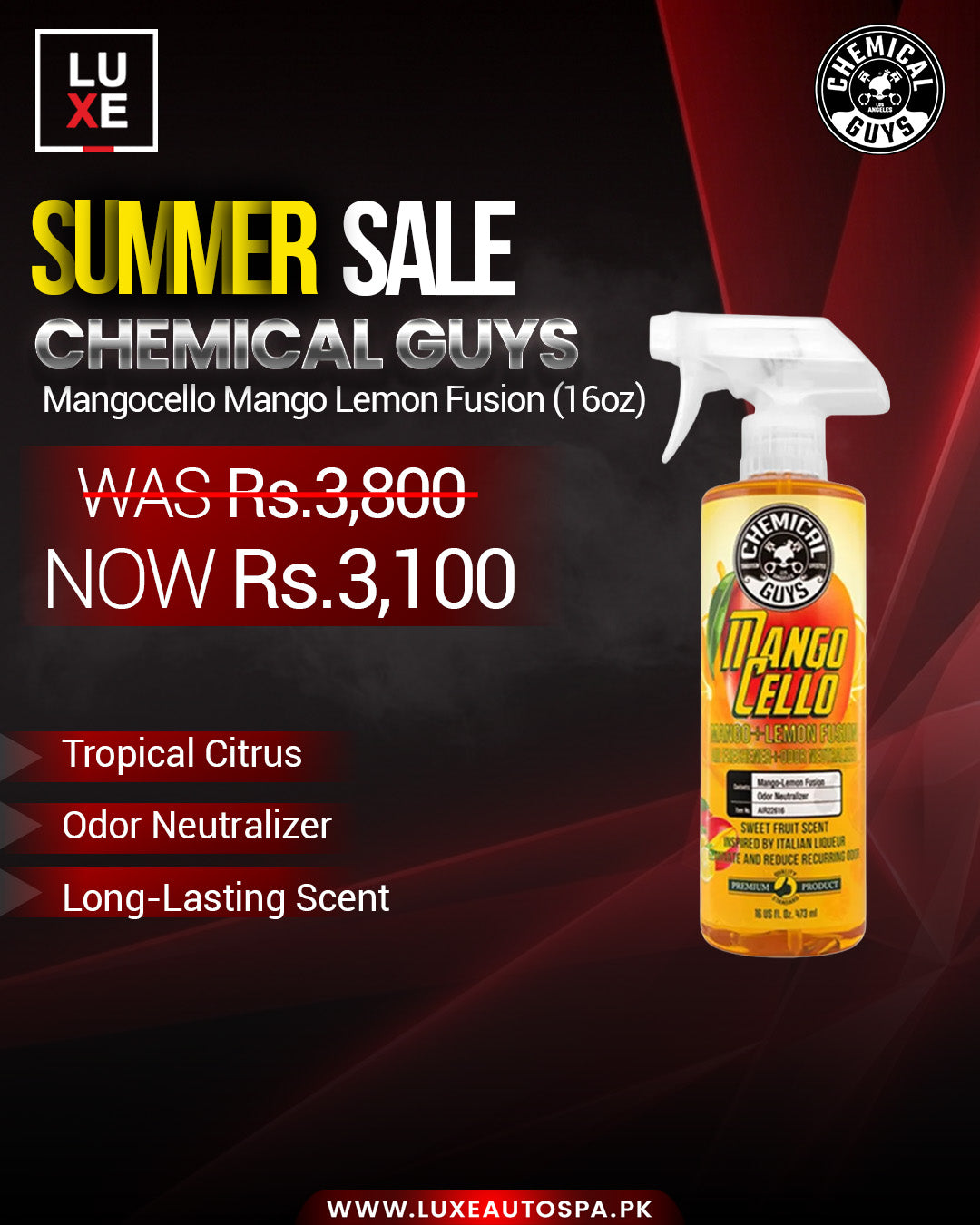 Chemical Guys Mangocello Mango Lemon Fusion Air Freshener & Odor Neutralizer (16 oz)