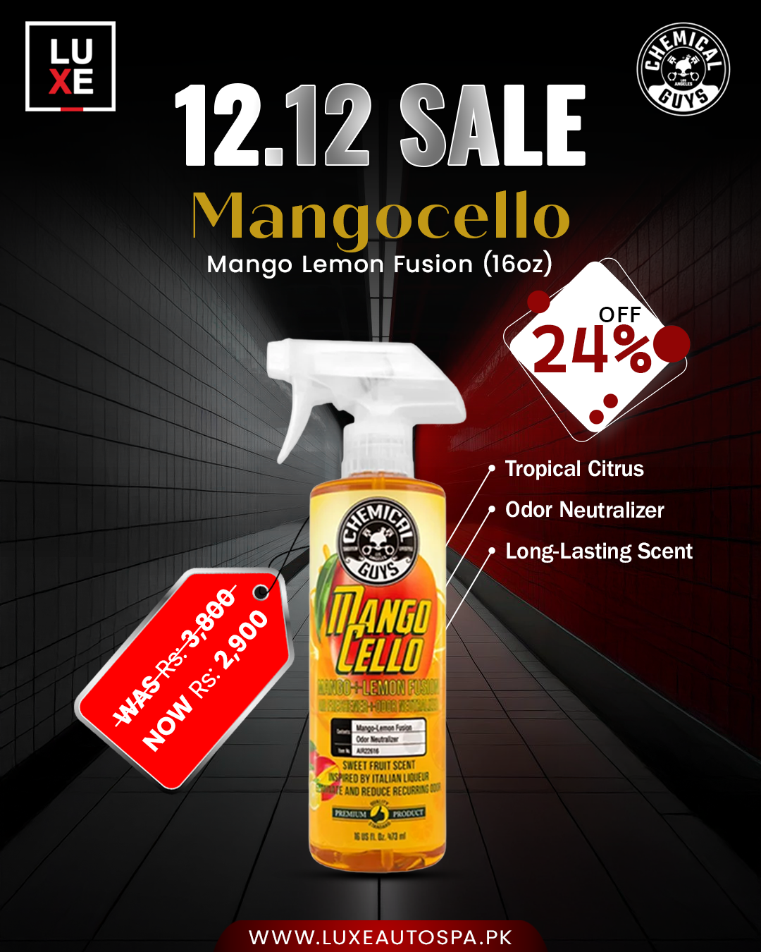 Chemical Guys Mangocello Mango Lemon Fusion Air Freshener & Odor Neutralizer (16 oz)