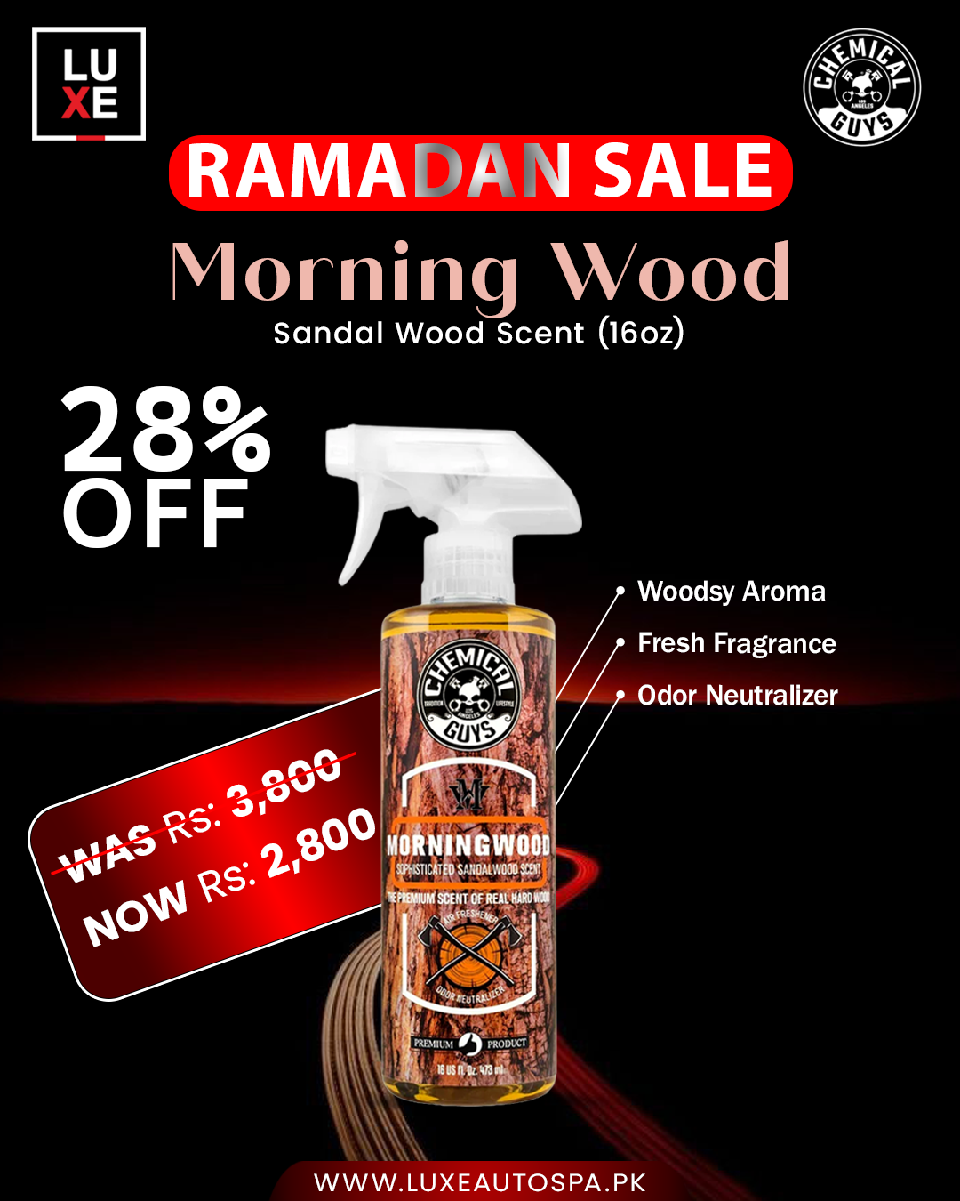 Chemical Guys Morning Wood Premium Air Freshener And Odor Eliminator (16oz)