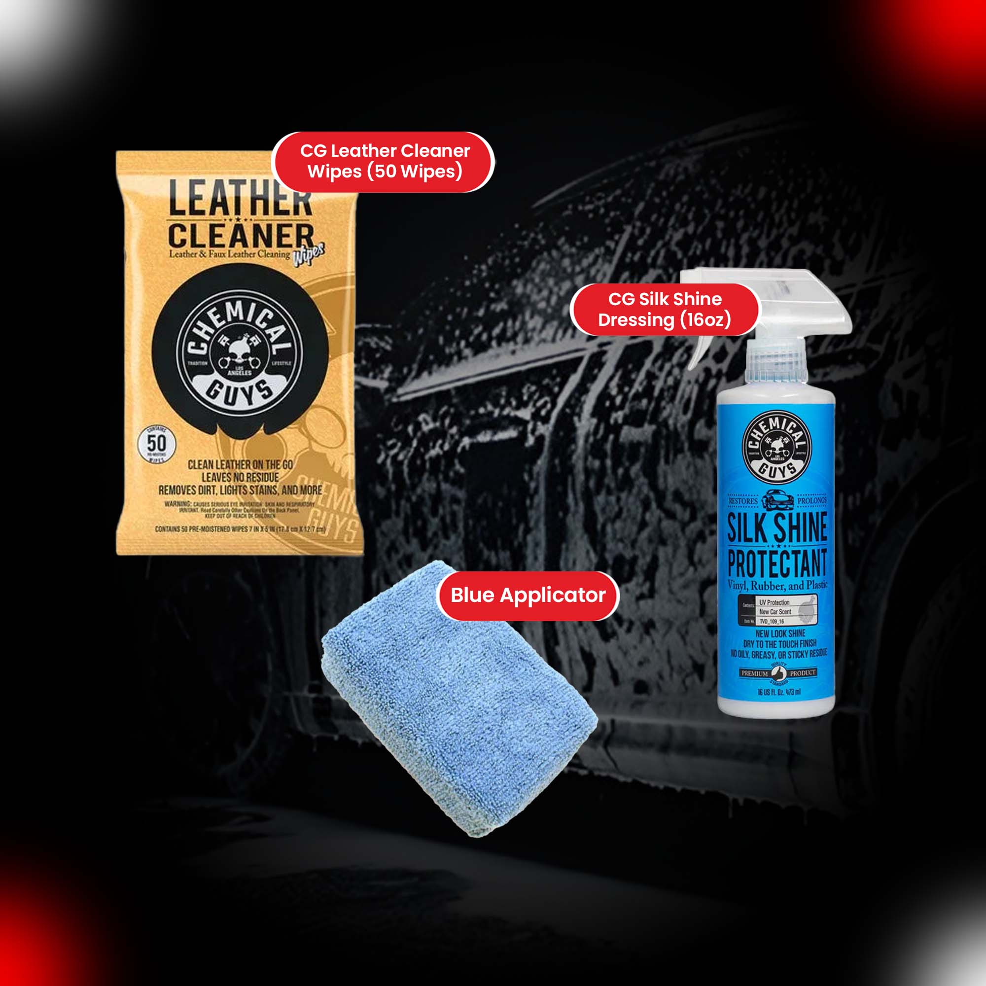 Chemical Guys Leather Cleaner Wipes and Silk Shine Dressing (16oz) with Blue Applicator