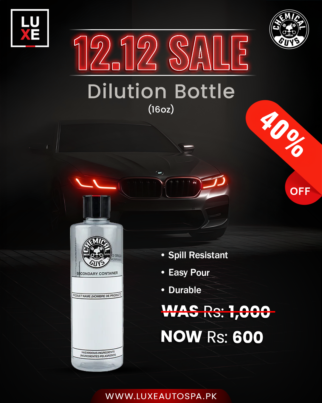 Chemical Guys Secondary Container Dilution Bottle with Spout Cap (16oz)