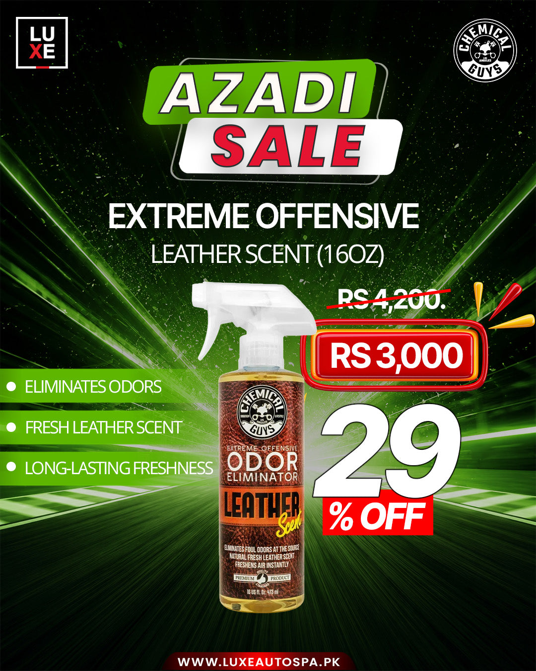 Chemical Guys Extreme Offensive Leather Scented Airfreshener & Odor Eliminator (16oz)
