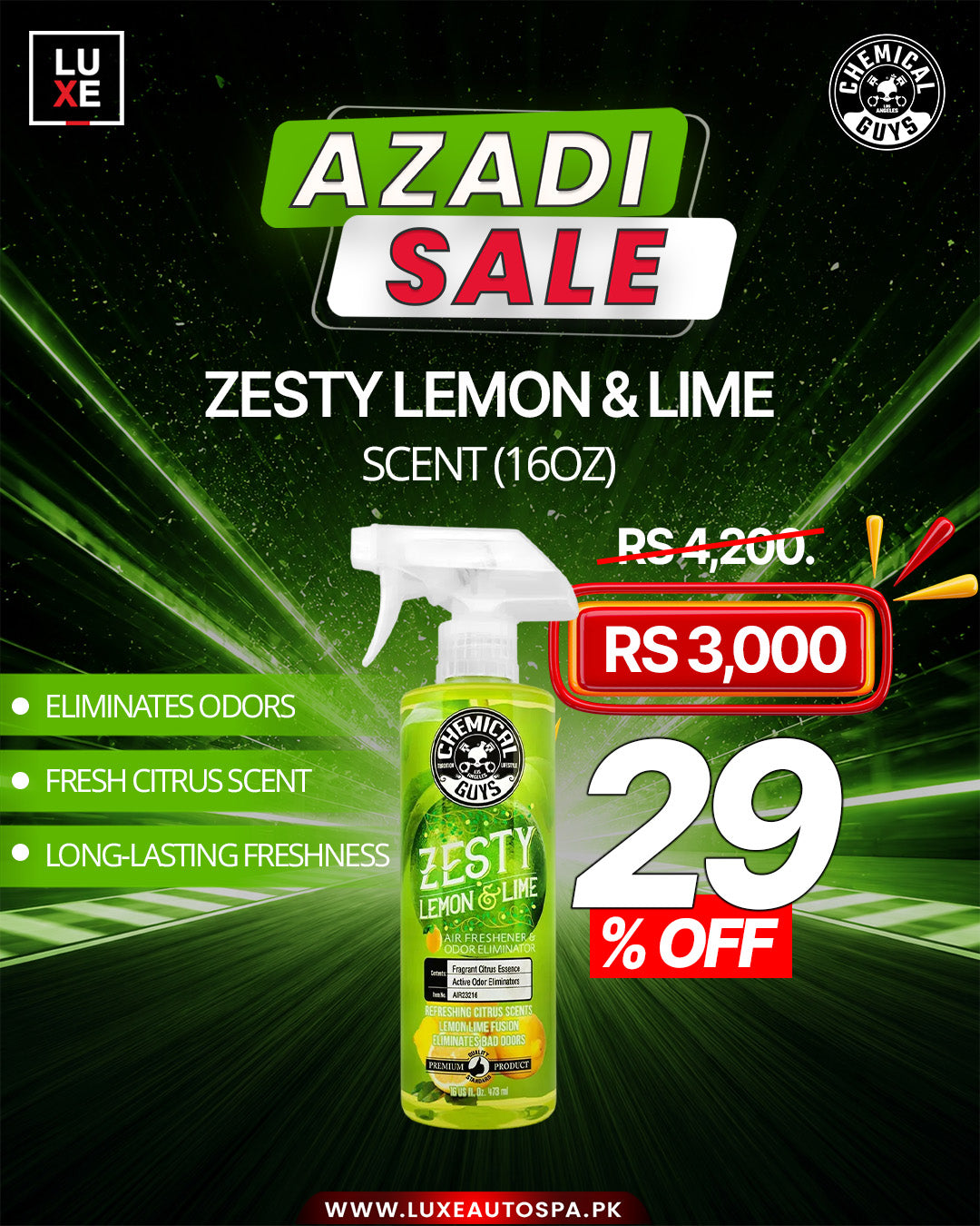 Chemical Guys Zesty Lemon and Lime Scent Air Freshener And Odor Eliminator (16oz)