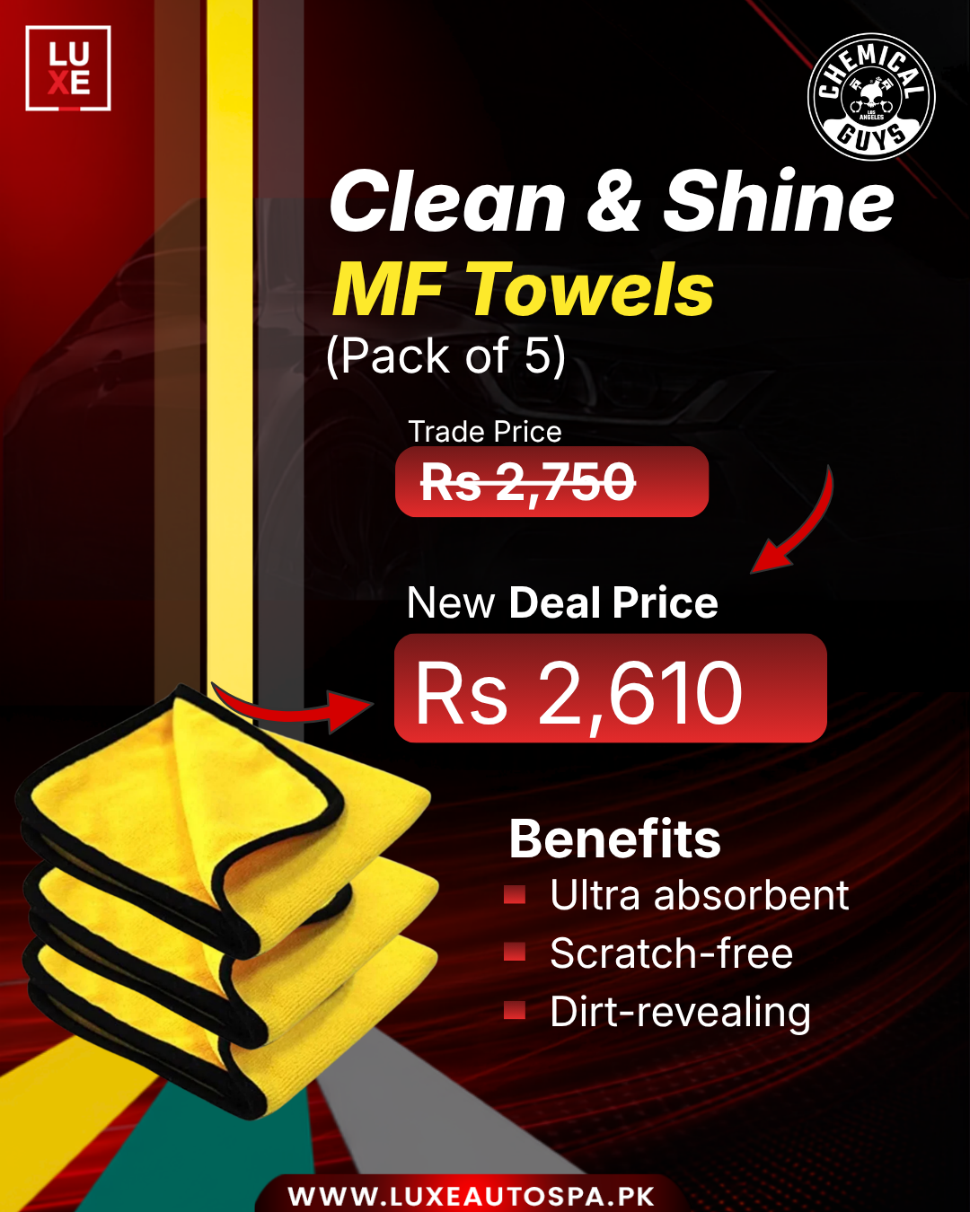 Clean & Shine MF Towel Yellow (40 x 40 cm) 380 GSM Black Border (16×16 inch) (Pack of 5)