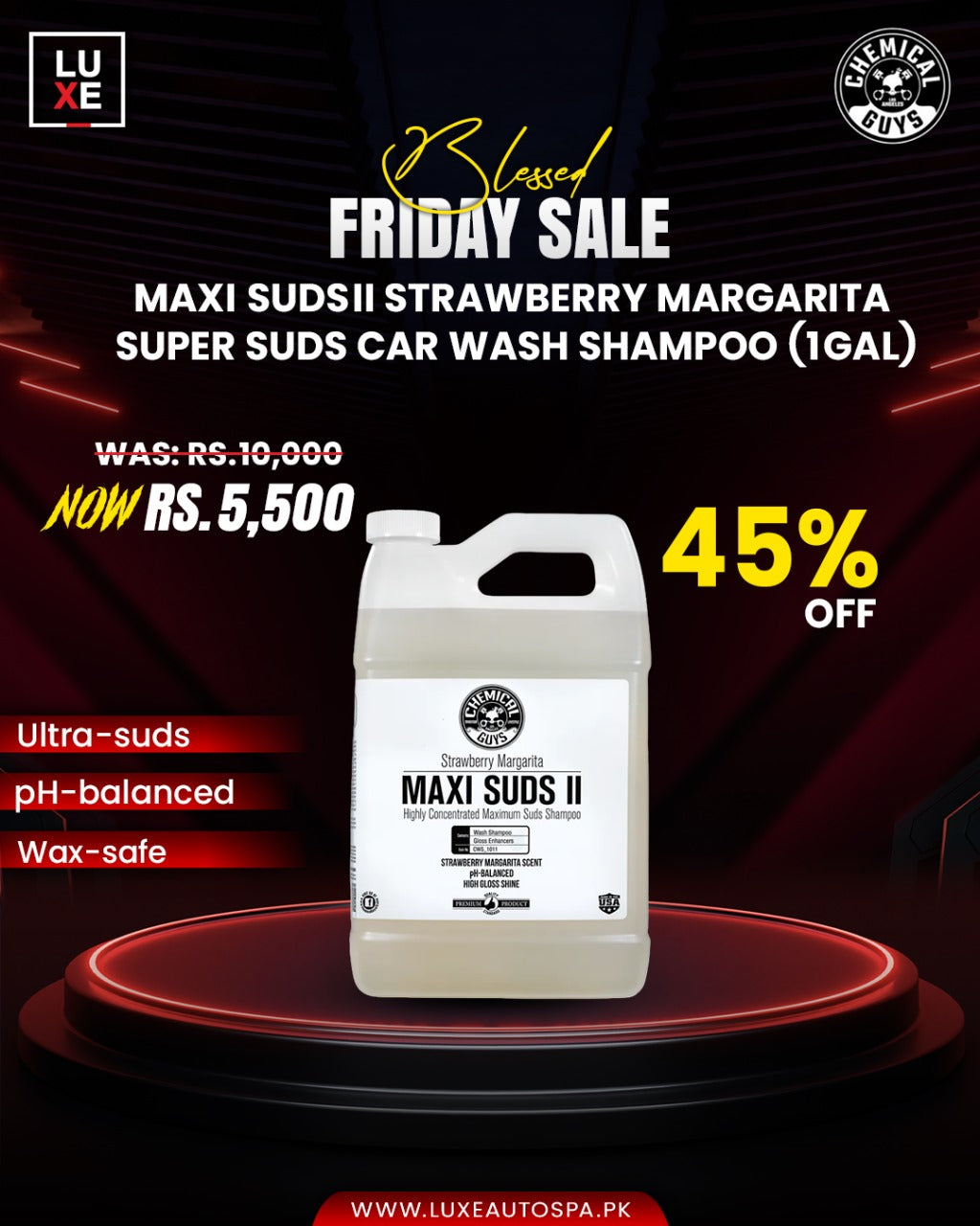 Chemical Guys Maxi Suds II Strawberry Margarita Super Suds Car Wash Shampoo 1Gal
