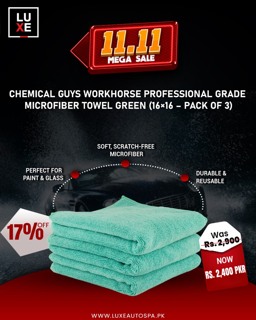 Chemical Guys Workhorse Professional Grade M.F Towel Green (16” x 16″ – Pack of 3)