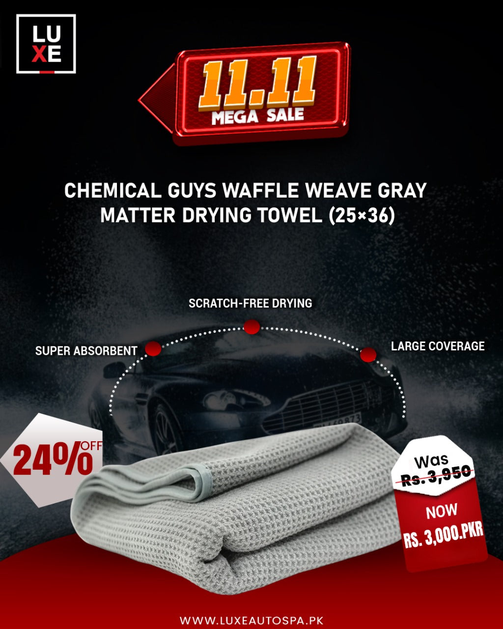 Chemical Guys Huge Waffle Weave Gray Matter MF Drying Towel (25×36″) (1 Piece)