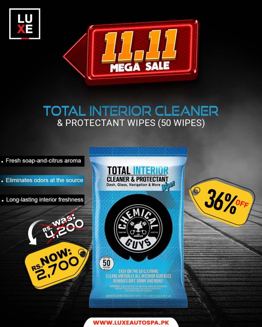 Chemical Guys Total Interior Cleaner & Protectant Wipes (50 Wipes)