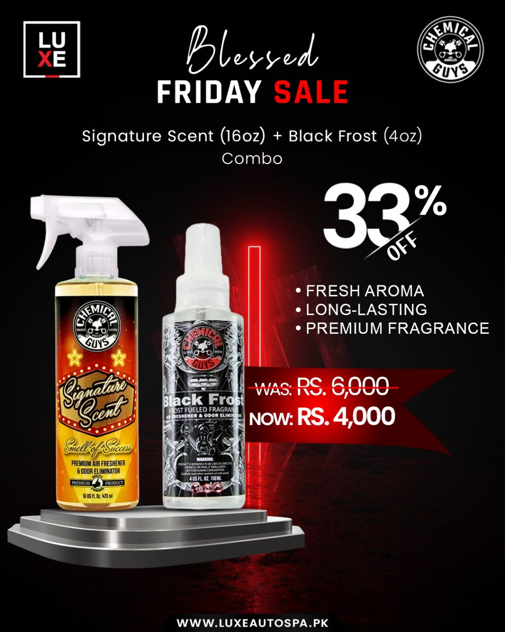 Chemical Guys Signature Scent (16 oz) + Chemical Guys Black Frost Air Freshener (4oz)