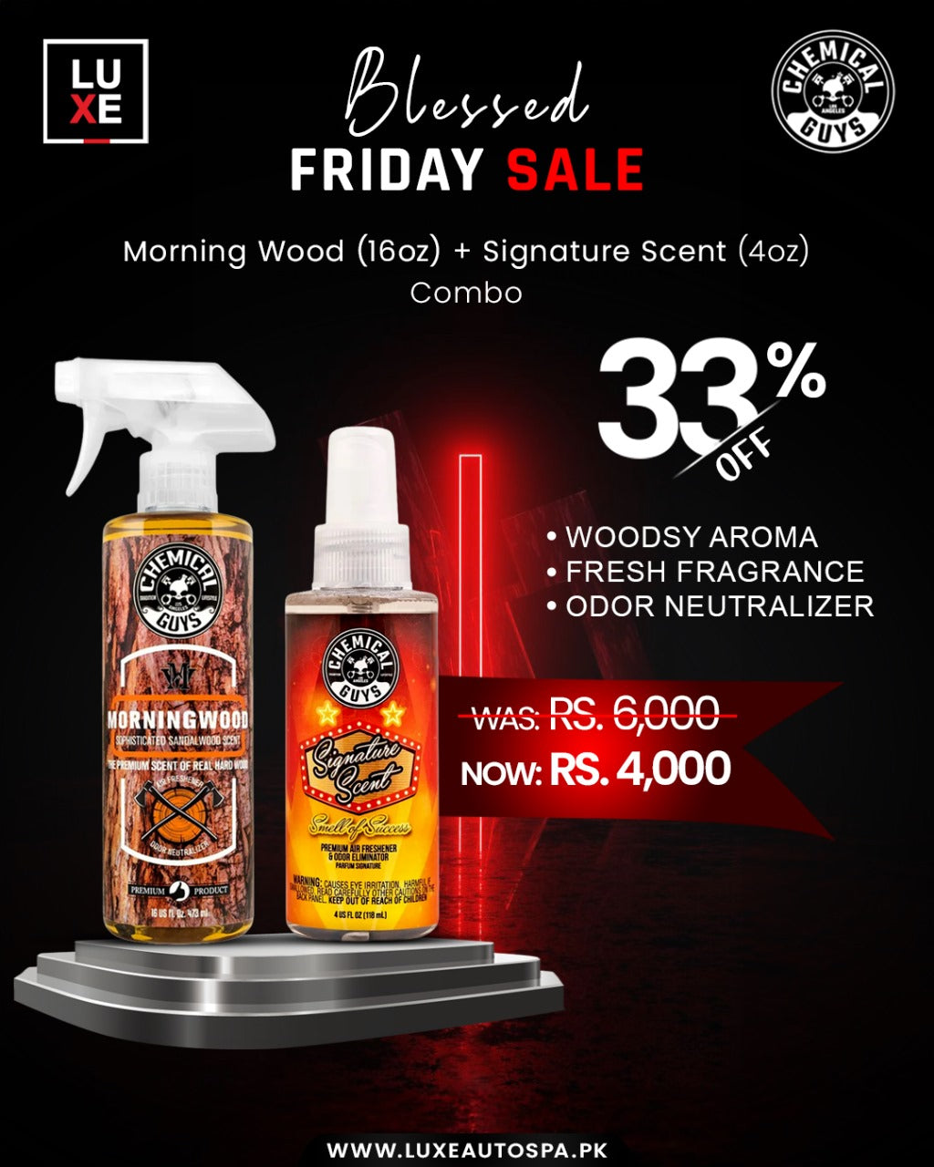 Chemical Guys Morning Wood Premium Air Freshener (16 oz) + Signature Scent (4oz)