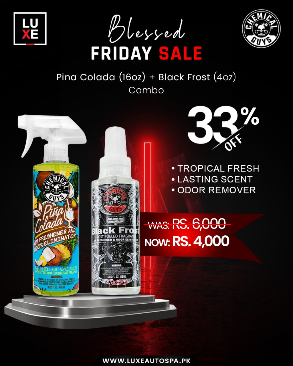Chemical Guys Pina Colada Scent Air Freshener (16oz) + CG Black Frost (4oz)