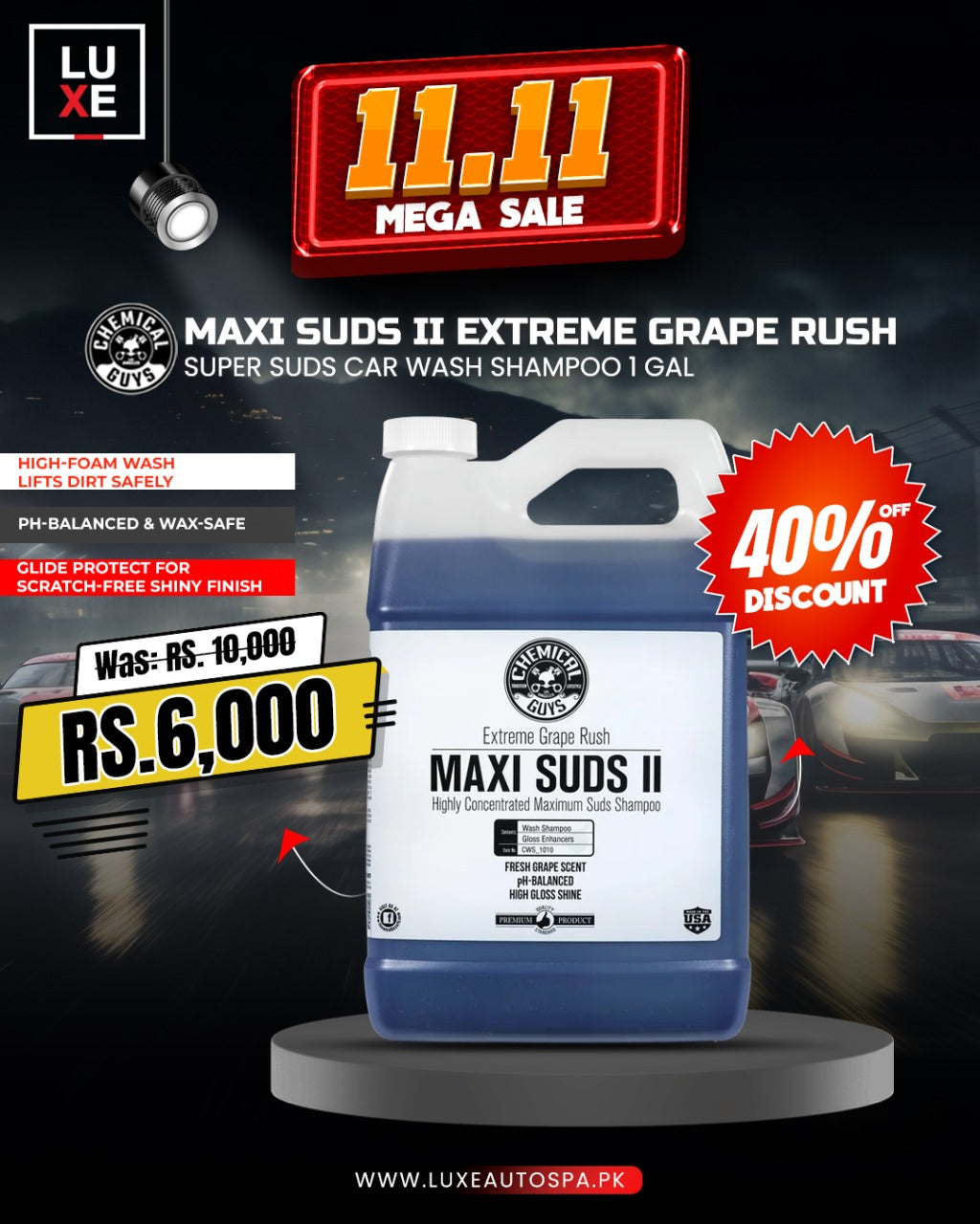 Chemical Guys Maxi Suds II Extreme Grape Rush Super Suds Car Wash Shampoo 1Gal