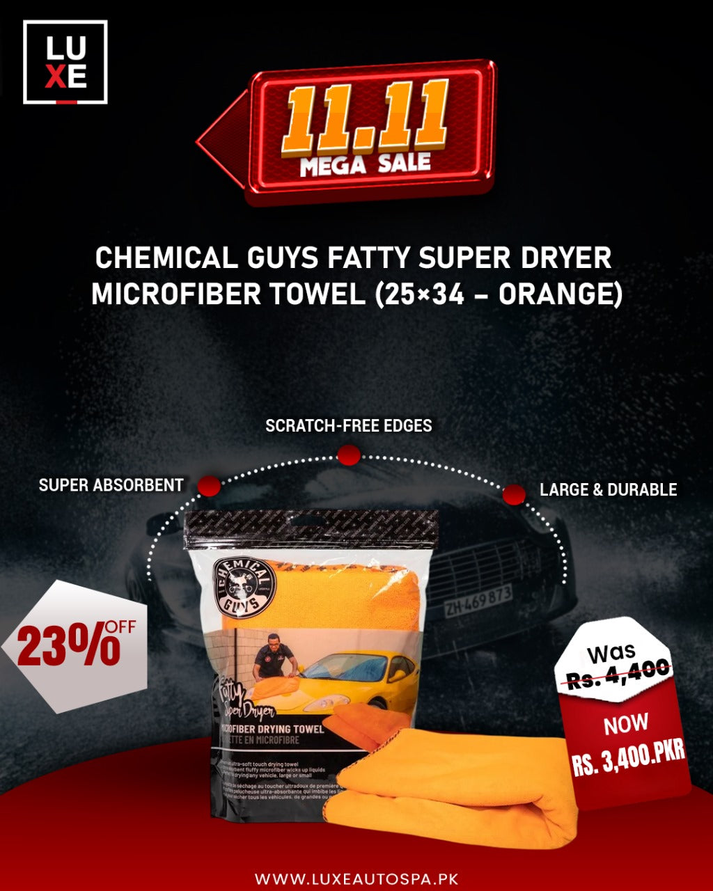 Chemical Guys Fatty Super Dryer MF Towel Orange (25×34″) (1 Piece)